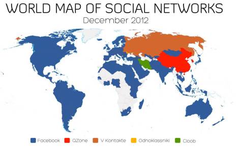 The dark blue across the globe demonstrates Facebook's global social networking hegemony, disrupted mostly by China and Russia's more protected states.